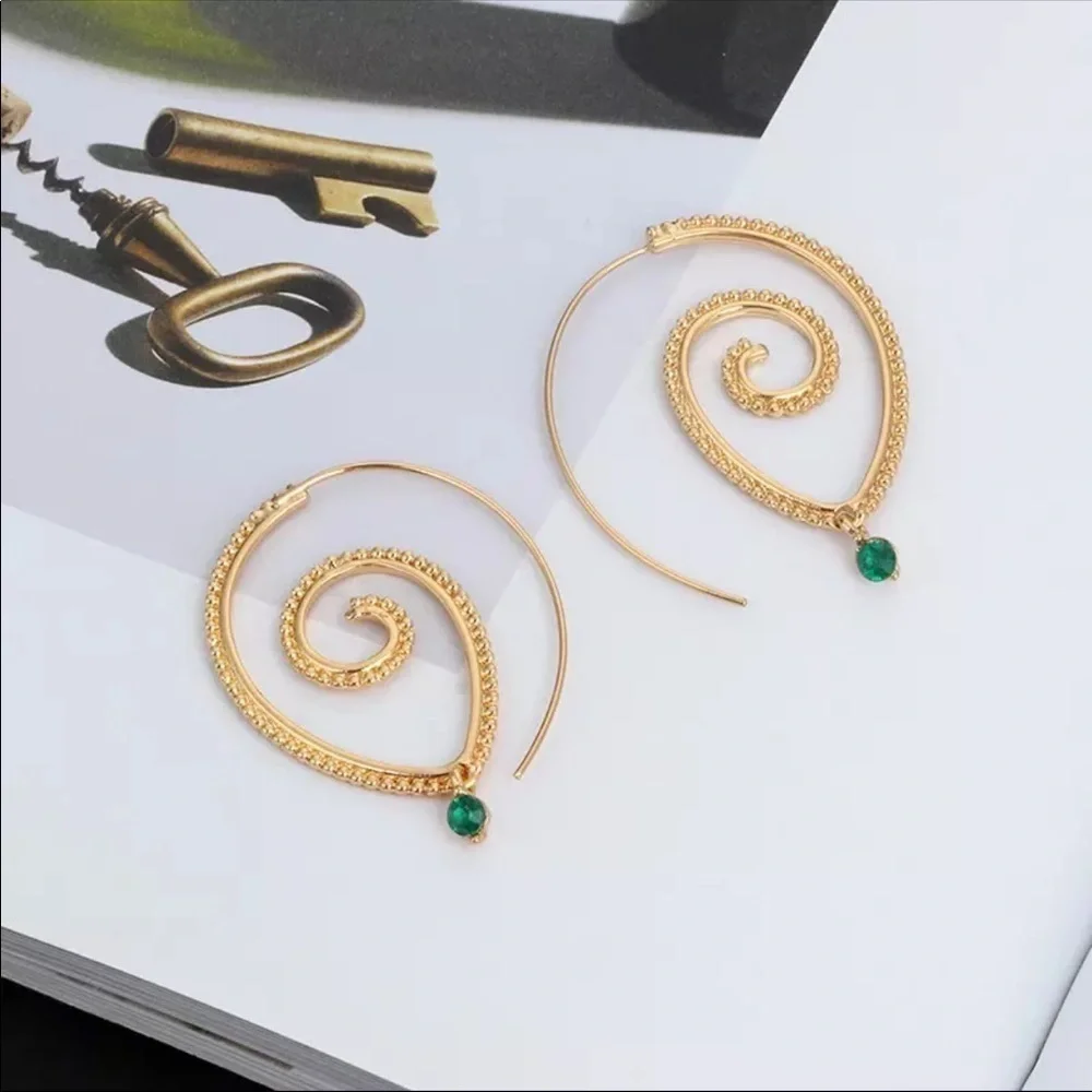 NEW Boho Golden Swirl Hoop Earrings Green Crystal